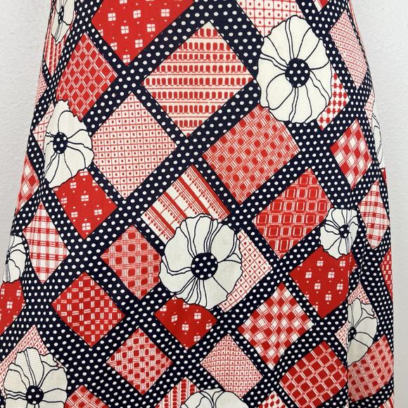 Vintage 70s Maxi Dress Sleeveless Groovy Polka Dot Floral Patchwork Blue Red - Picture 6 of 8